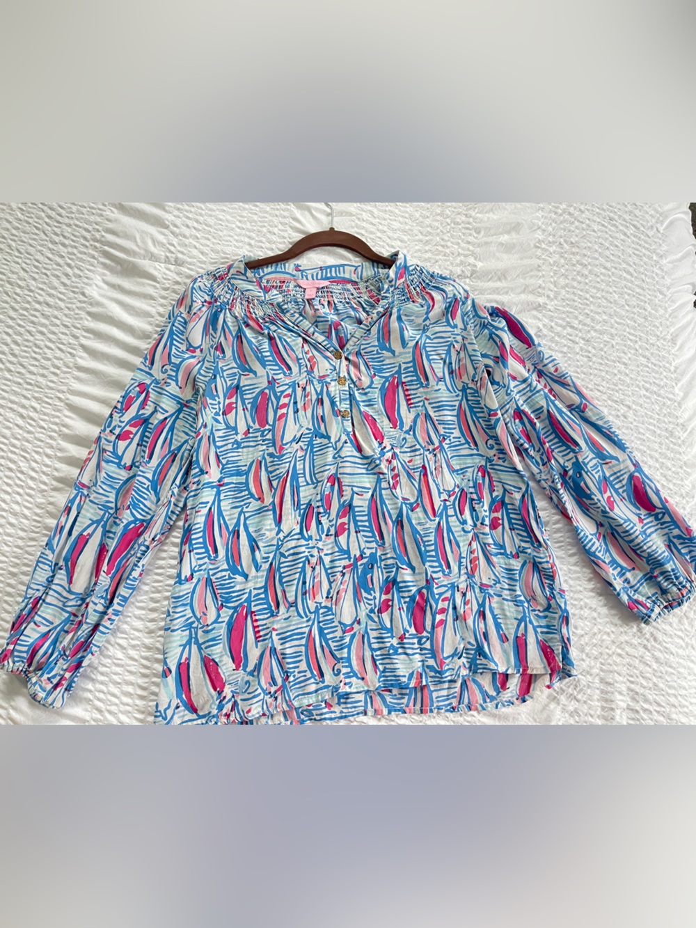 Lilly Pulitzer Ship/Boat/Coastal Printed Button-Up Blouse in Blue & Pink